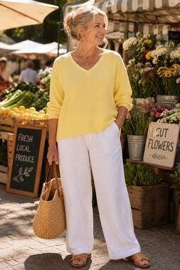 Butter Yellow Cotton Boxy Fit Sweater XL 3/4 Sleeve Coastal Cottagecore Knit